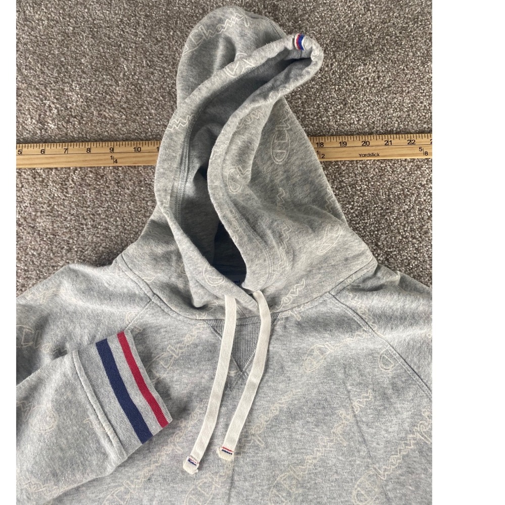 Champion Mens XL Grey All Over Logo Print Pullover Hoodie Striped Trim W9535P